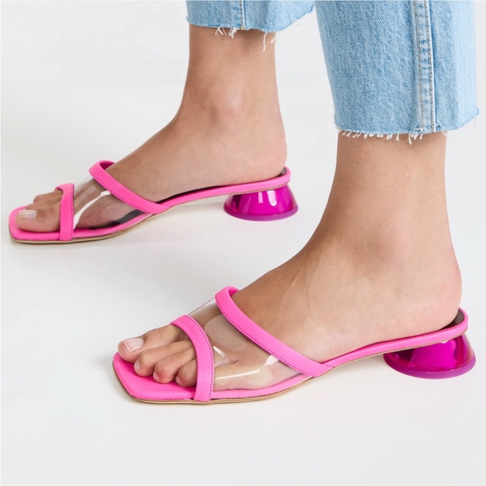 New Staud Simone Clear Bougainvillea Pink Leather Lucite Heel Mule Size 7.5